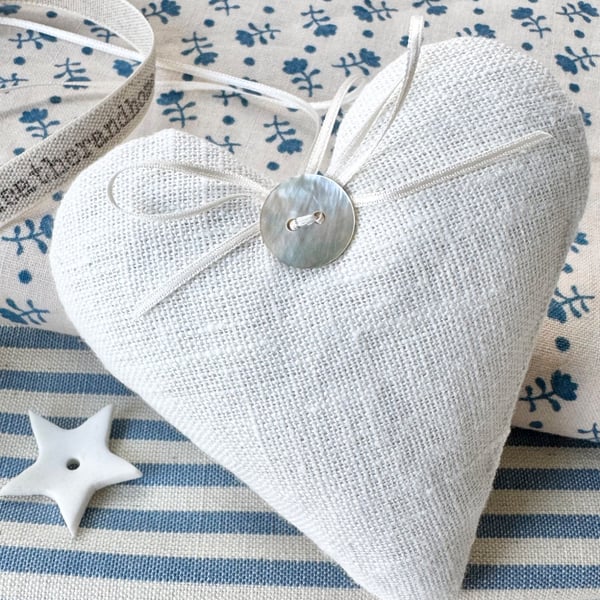 WHITE LINEN HEART DECORATION - lavender or wool filled