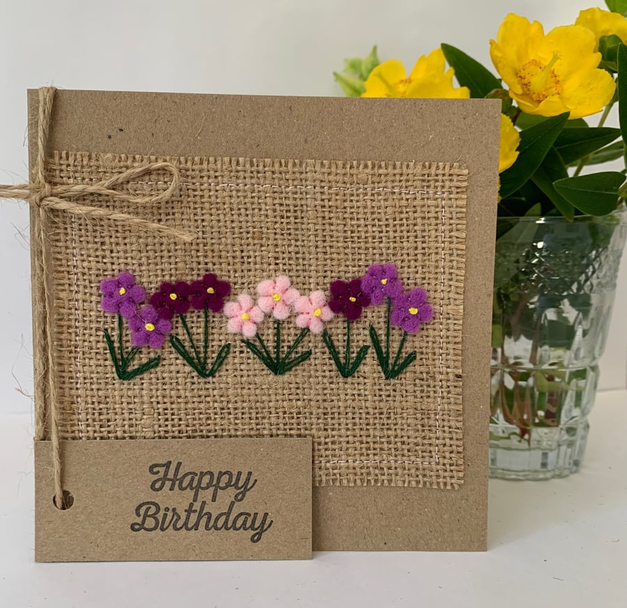 Birthday card. Delicate purple and pink flowers. Wool felt. Handmade Card.