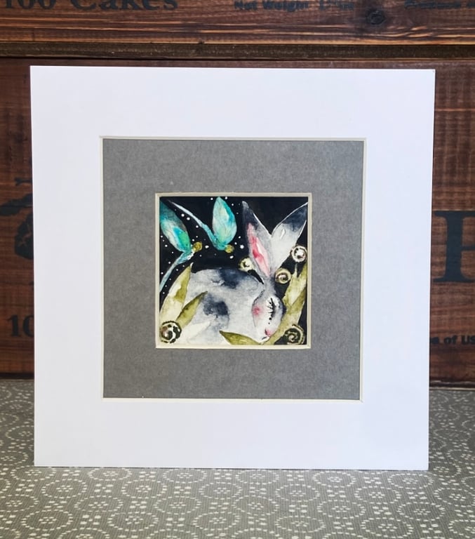 ACEO Original Hare Rabbit with Dragonflies Watercolour 
