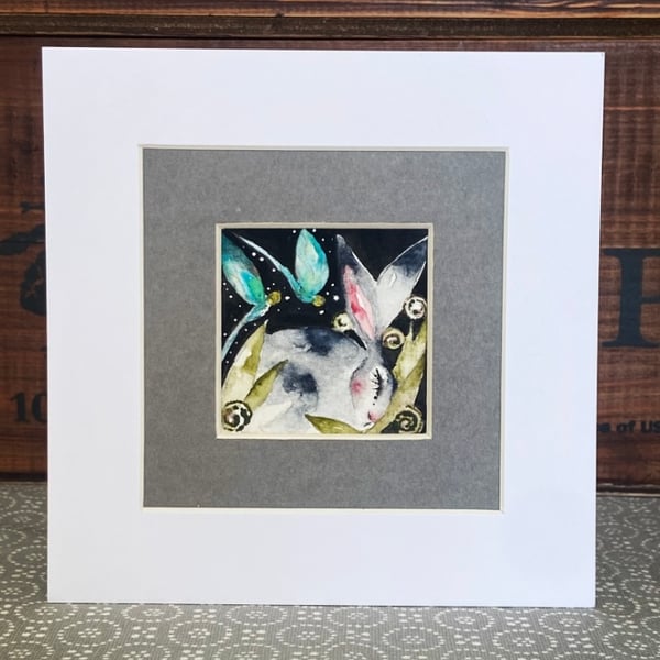 ACEO Original Hare Rabbit with Dragonflies Watercolour 