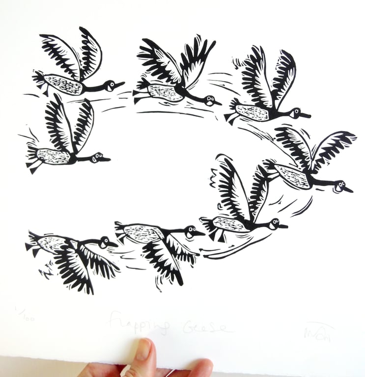 Flapping Geese - lino cut print