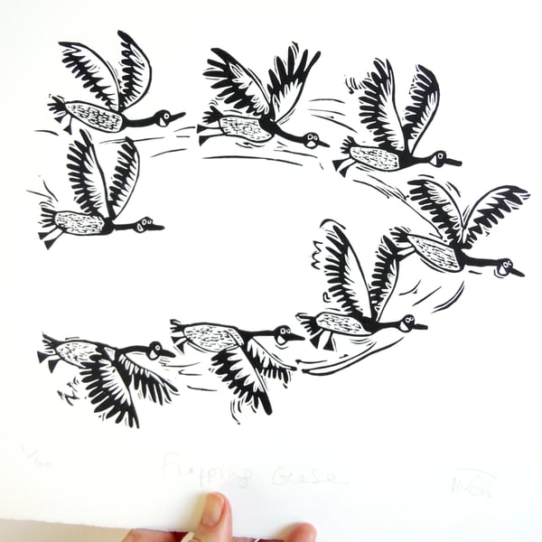 Flapping Geese - lino cut print