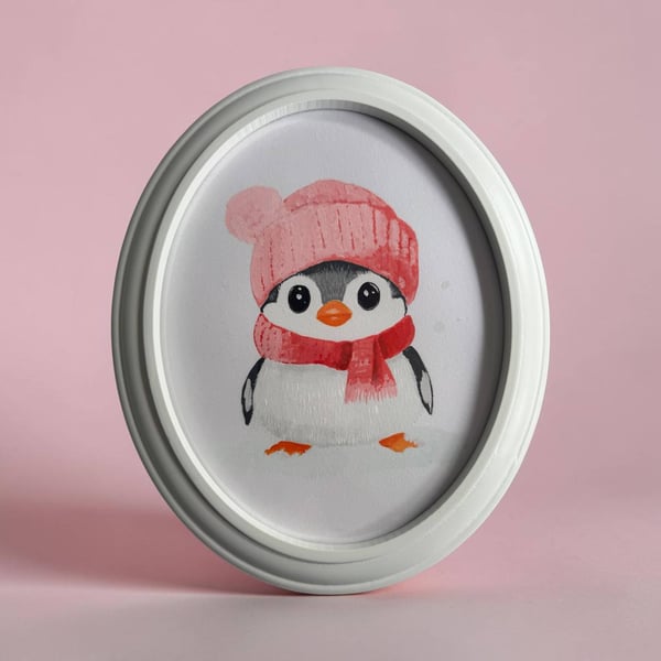 Hand-Painted Penguin Wall Art, Framed Painting for Christmas Nursery Decor