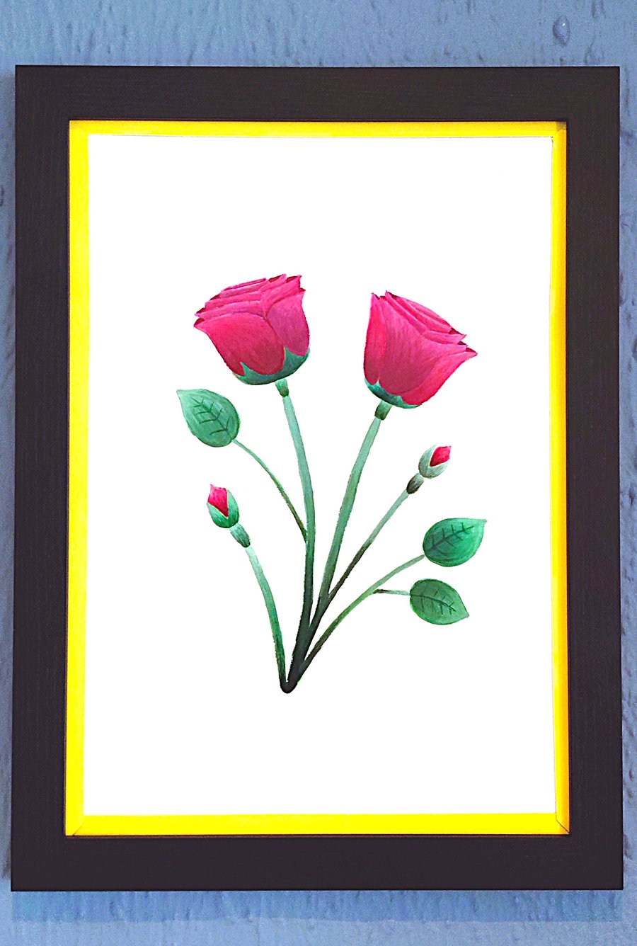 Genuine Made in UK Framed A3 Print Red Roses Stylish Yellow Border Wallart