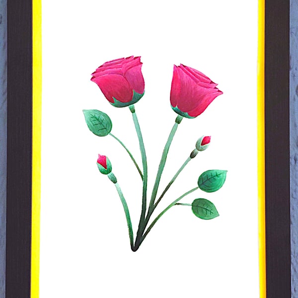 Genuine Made in UK Framed A3 Print Red Roses Stylish Yellow Border Wallart