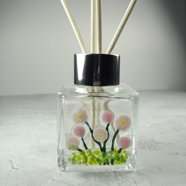 Handcrafted pale pink flowers fused glass reed diffuser unique gift with 4 reeds