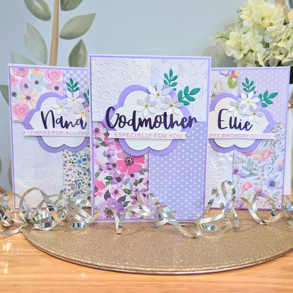 Purple Patchwork Birthday or Thank You Personalised Greetings Card