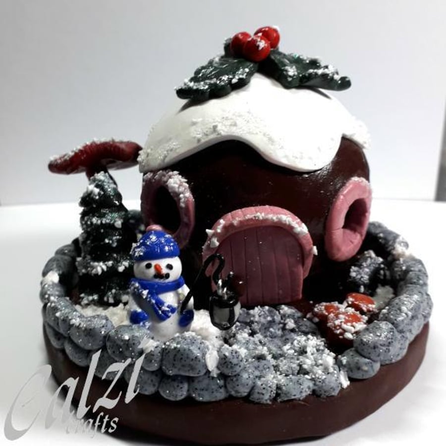 Polymer Clay Christmas Pudding Fairy House Tealight Holder (Pink)