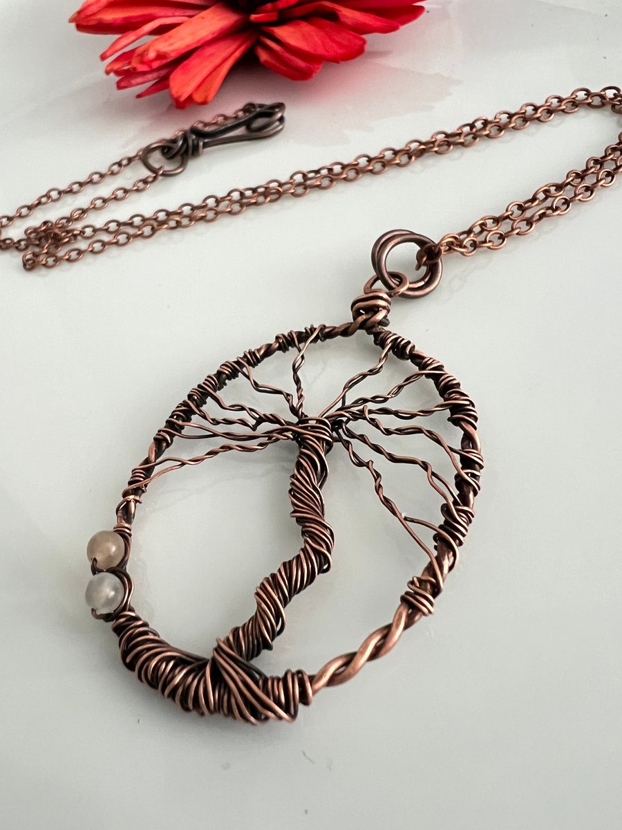 Copper Wire Wrapped Tree of Life Pendant with Moonstone Gemstones.