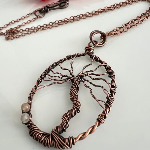 Copper Wire Wrapped Tree of Life Pendant with Moonstone Gemstones.
