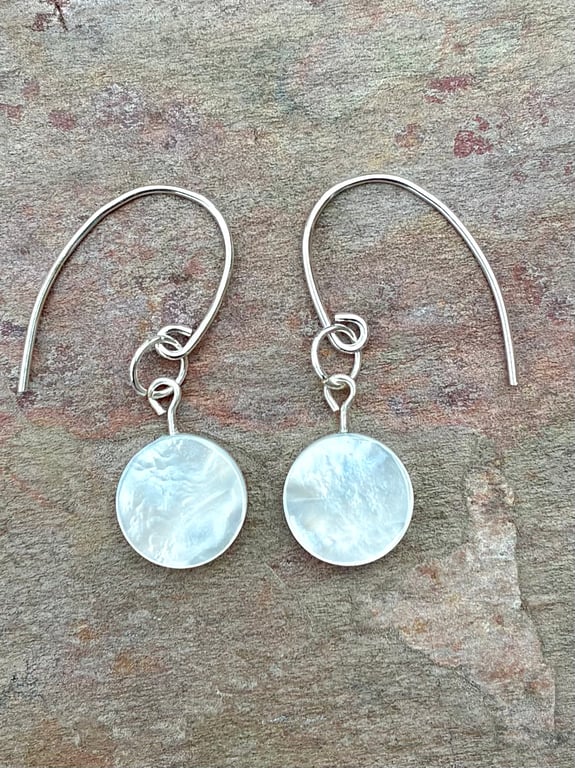 Round Disc Mother of Pearl and Sterling Silver Earrings