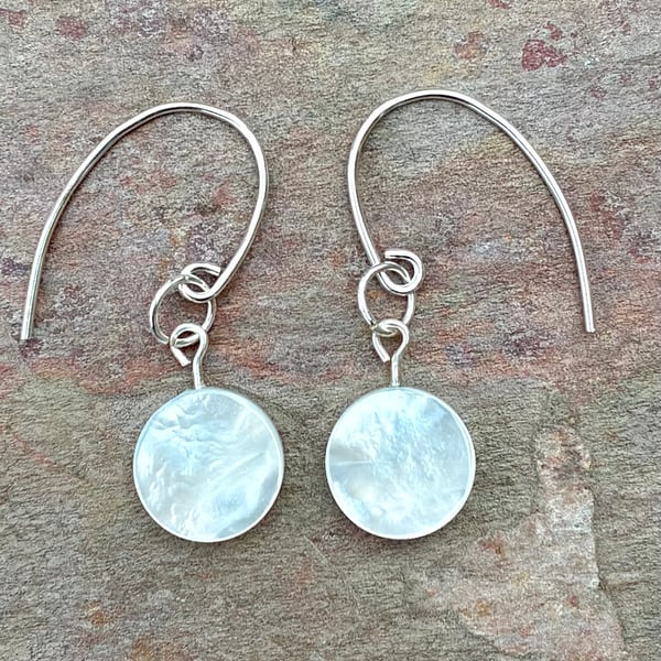 Round Disc Mother of Pearl and Sterling Silver Earrings