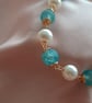Blue Beaded Pearl Bracelet with Gold Spiral Wire Detail – Handmade Jewellery - Image 2