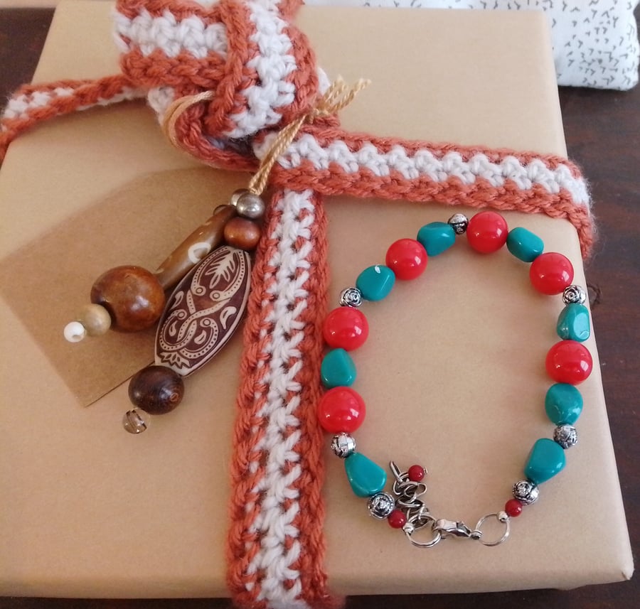 Handmade bracelet made using pre-loved beads.