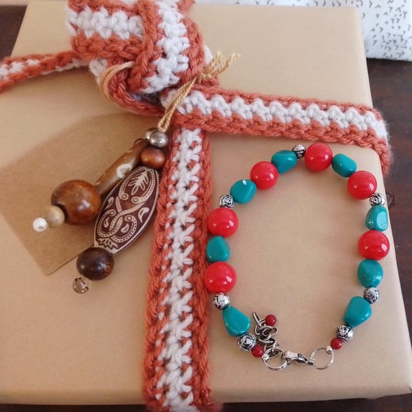 Handmade bracelet made using pre-loved beads.