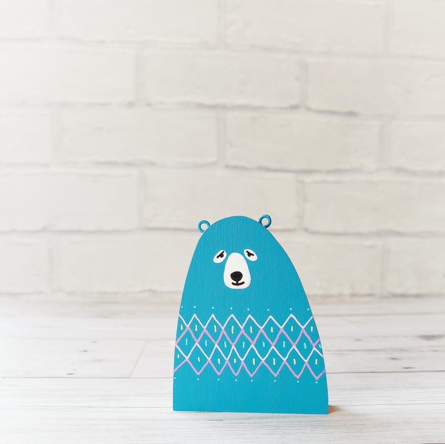 Folky Teal Bear, Handmade Wooden Bear