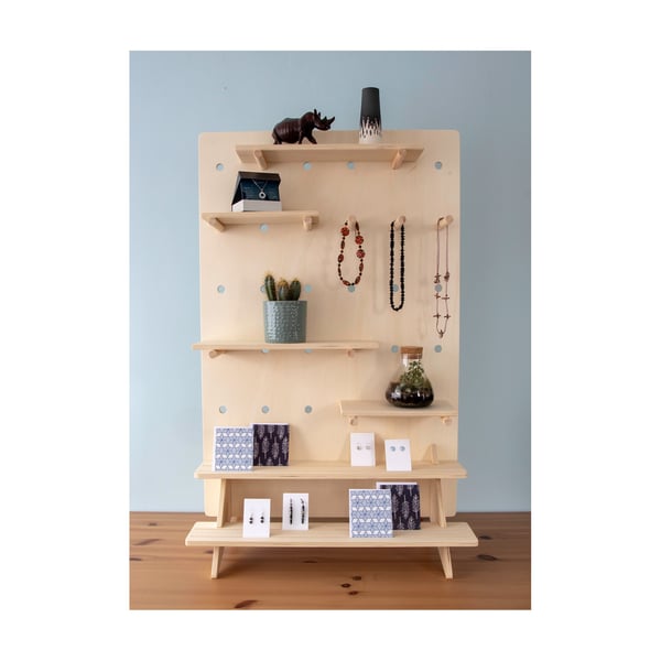 Rectangular Table Top Pegboard with Integrated Tiered Shelves, Shelving and Pegs