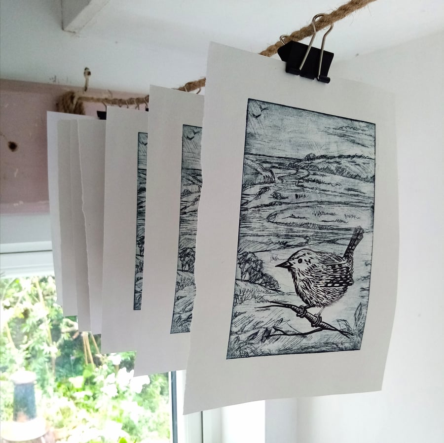 "Wren at the River" Original Linocut Bird Print - Handprinted in Sussex