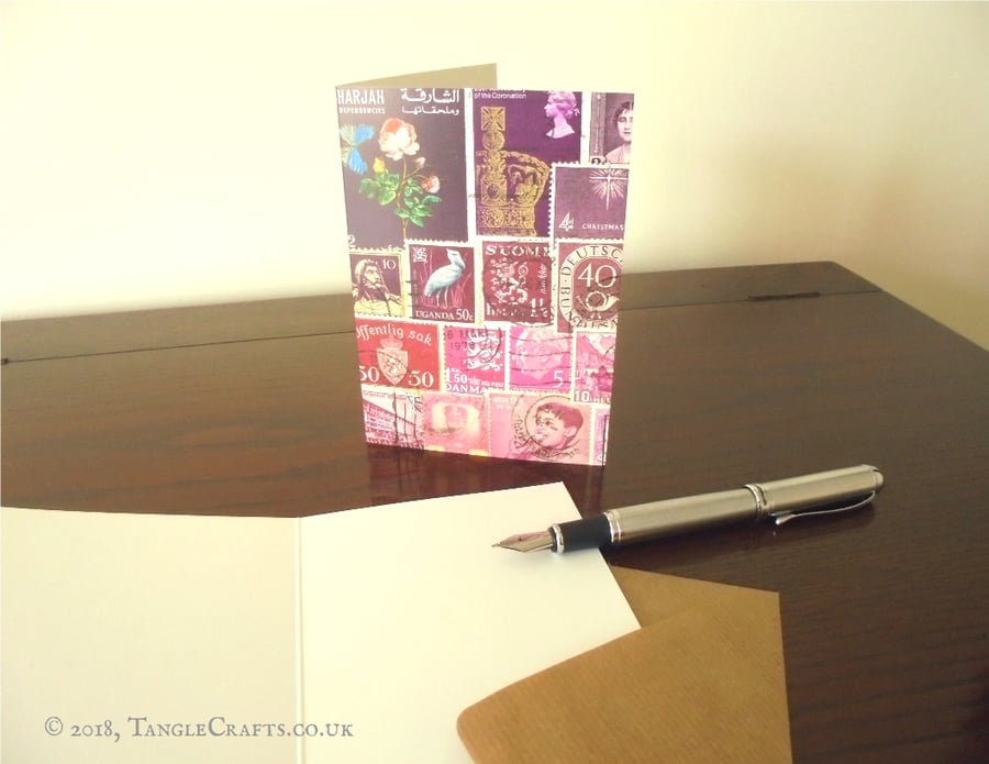 Purple Notecard, A6 - Postage Stamp Collage Print - Any Occasion Greeting