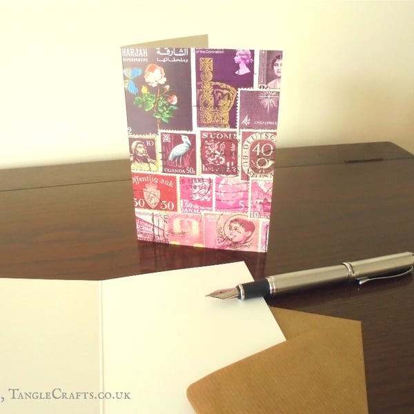 Purple Notecard, A6 - Postage Stamp Collage Print - Any Occasion Greeting