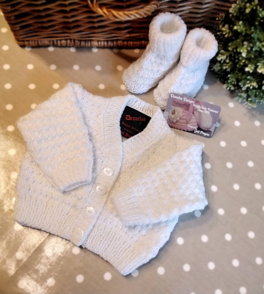 White Baby Cardigan  & Matching Booties 0-6 months size