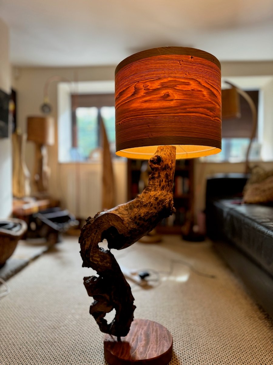istressed log table lamp with oak veneer lampshade