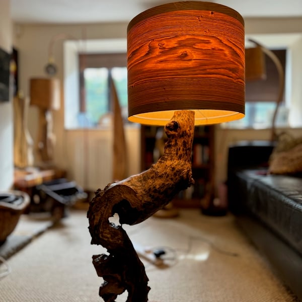 istressed log table lamp with oak veneer lampshade