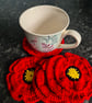 2 Handmade Poppy crochet coffee coasters - table decorations - letterbox gifts - Image 2