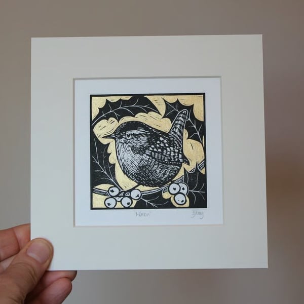 Wren - original, hand painted, mounted linocut print
