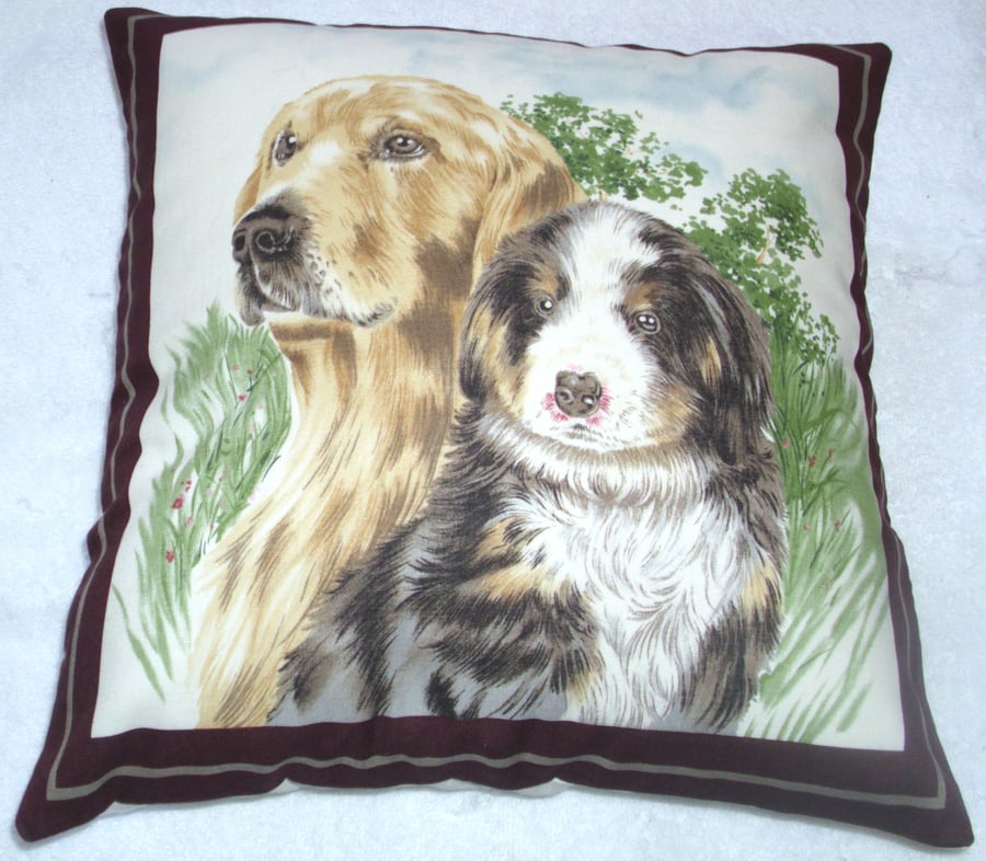 a lovely golden retriever and friend in the garden cushion 