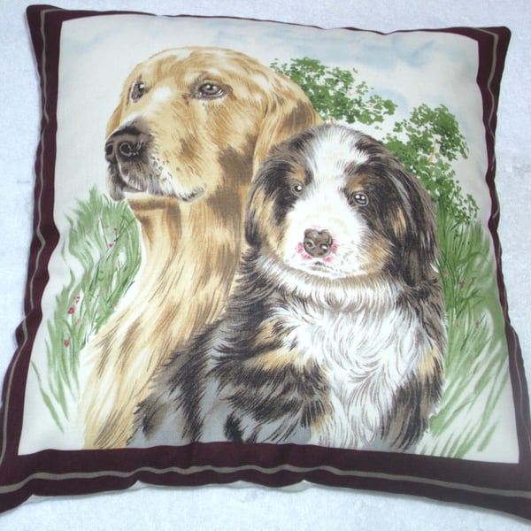 a lovely golden retriever and friend in the garden cushion 