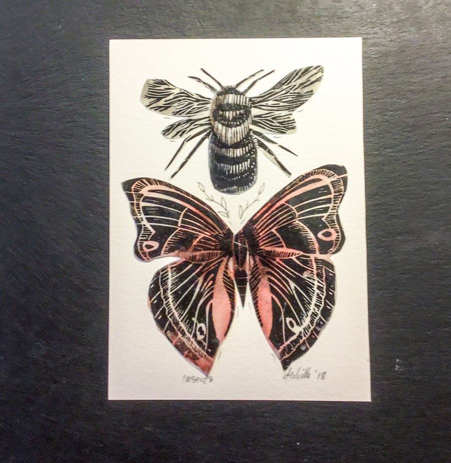 Lino print and wax insect collage red