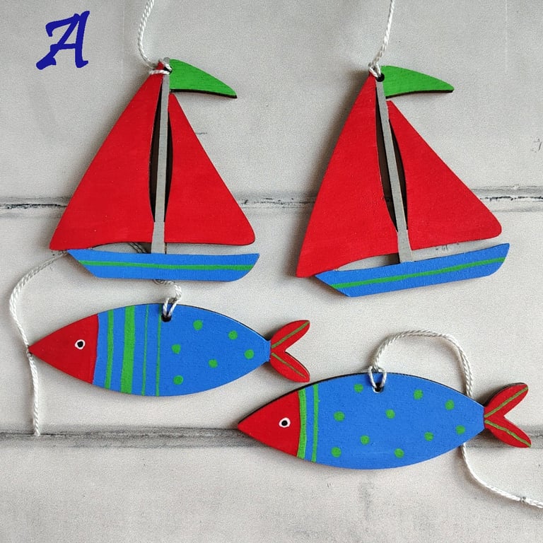 Hand painted wood fish and sailboat decorations for nautical décor, blue red