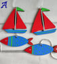 Hand painted wood fish and sailboat decorations for nautical décor, blue red