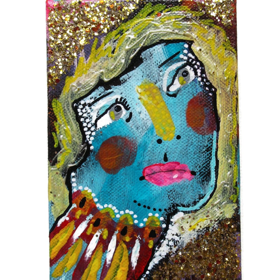 Mini Portrait Painting Small Surreal Colourful Quirky Figurative Canvas Art
