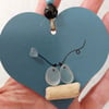 8cm Hand Painted Blue Heart, Hanging Decoration, Sea Glass, Driftwood