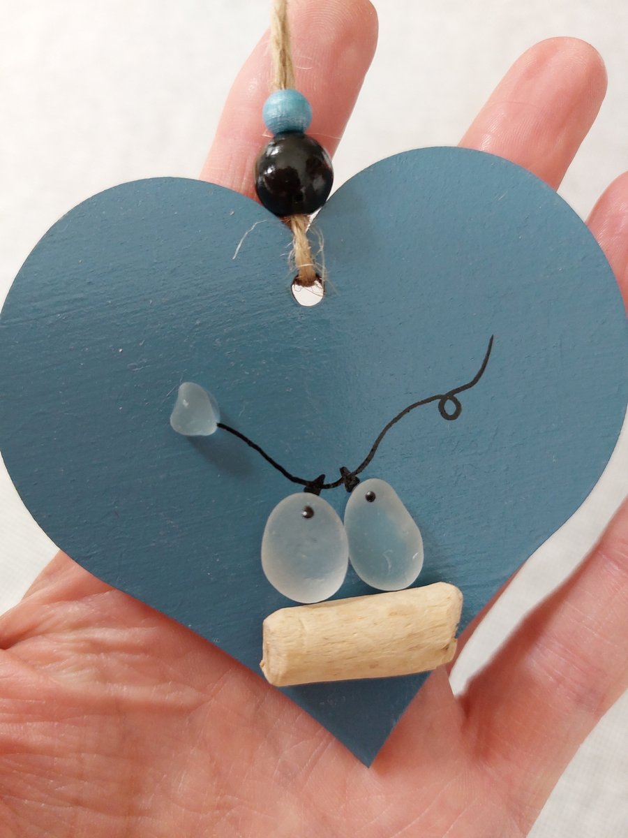 Sea Glass Blue Lovebirds Hanging Heart Decoration