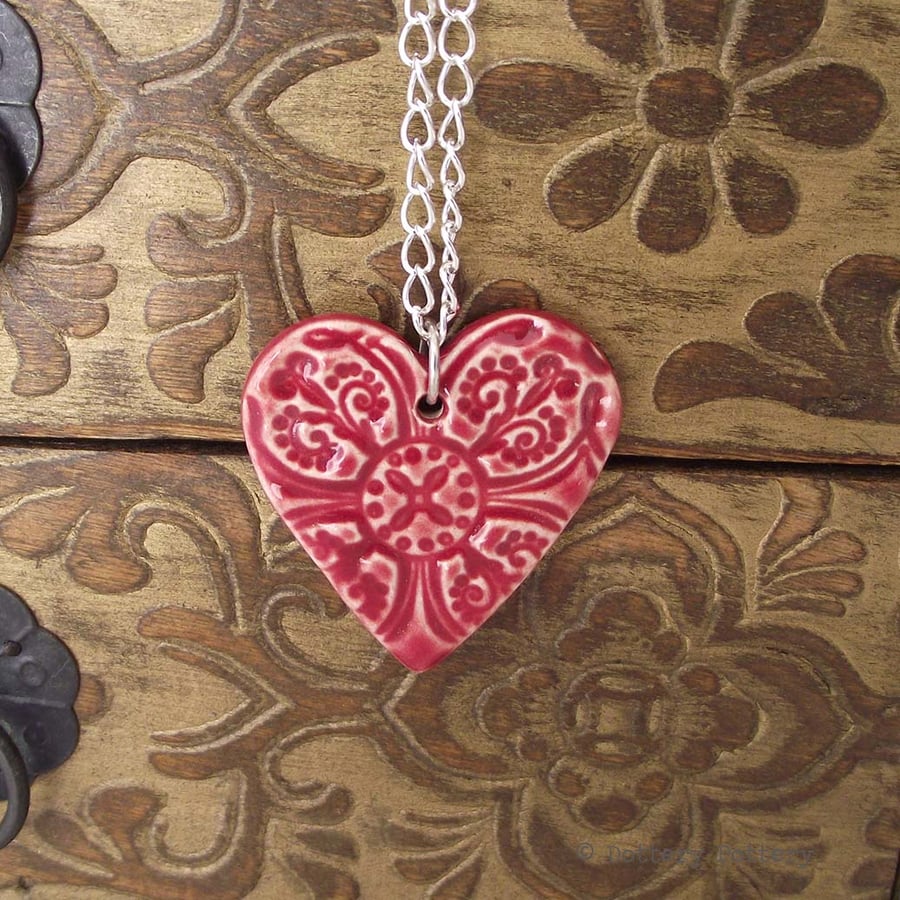  Pottery Heart pendant on 20cm chain. Red Ceramic Loveheart
