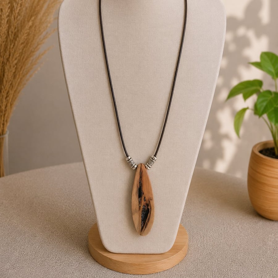 Upcycled Wood Pendant Necklace with Natural Bark Inlay Reclaimed Wood Jewellery