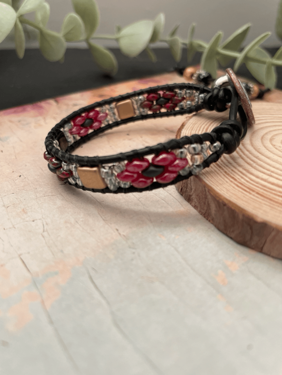 Beautiful Boho leather beaded adjustable wrap bracelet , free spirited girl 