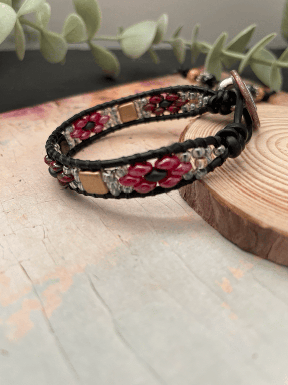 Beautiful Boho leather beaded adjustable wrap bracelet , free spirited girl 