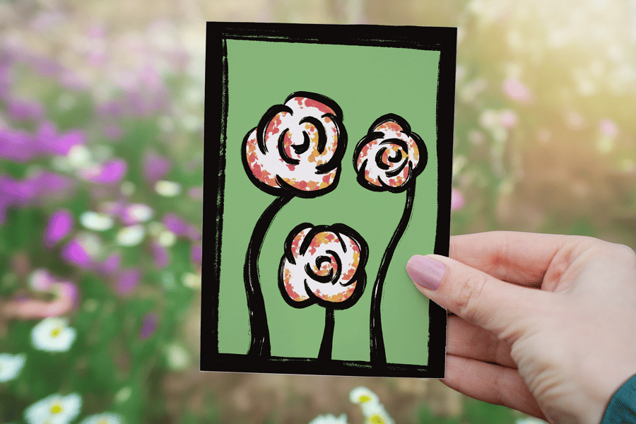 Flowers on a green background blank card rose