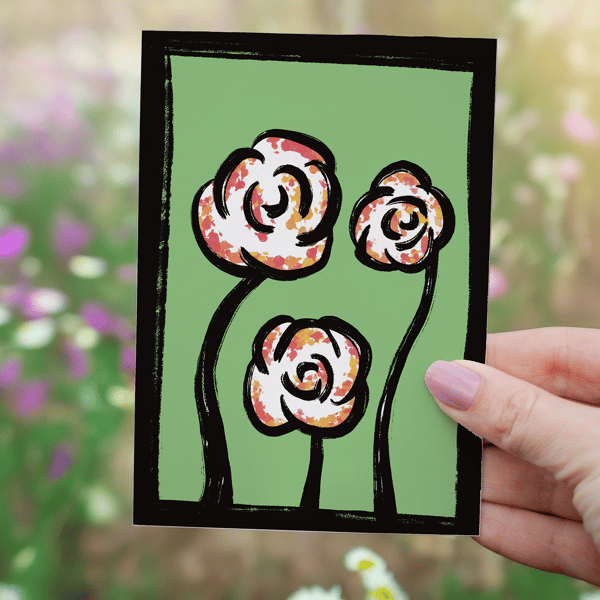 Flowers on a green background blank card rose