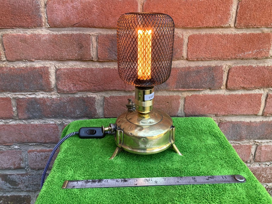 Steampunk Table Lamp, Upcycled Brass Paraffin Stove with Mesh Caged Bulb