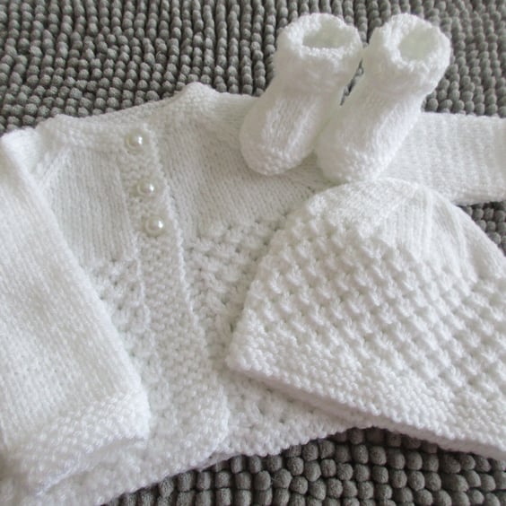 14" Newborn Three Button Baby Cardigan, Hat & Booties