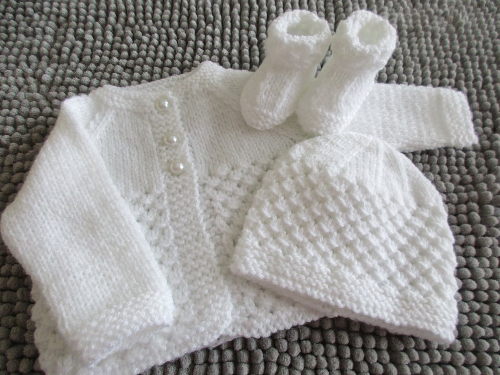 14" Newborn Three Button Baby Cardigan, Hat & Booties