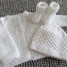 14" Newborn Three Button Baby Cardigan, Hat & Booties