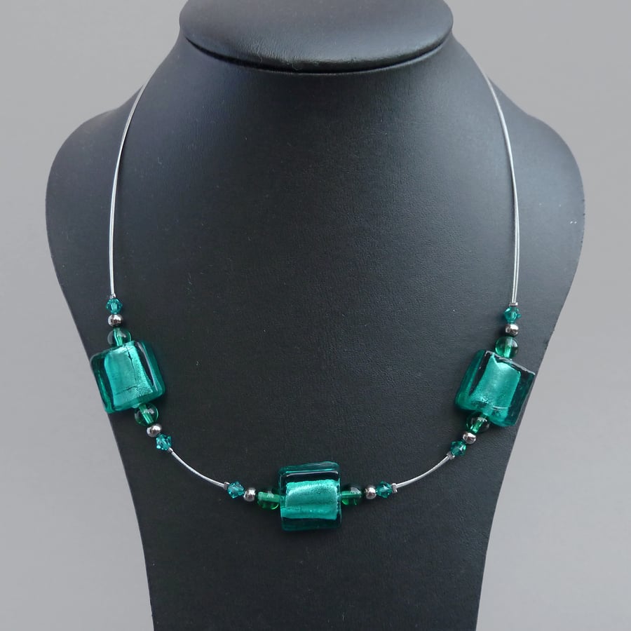 Teal Fused Glass Necklace - Aquamarine Lampwork Glass Jewellery - Gifts