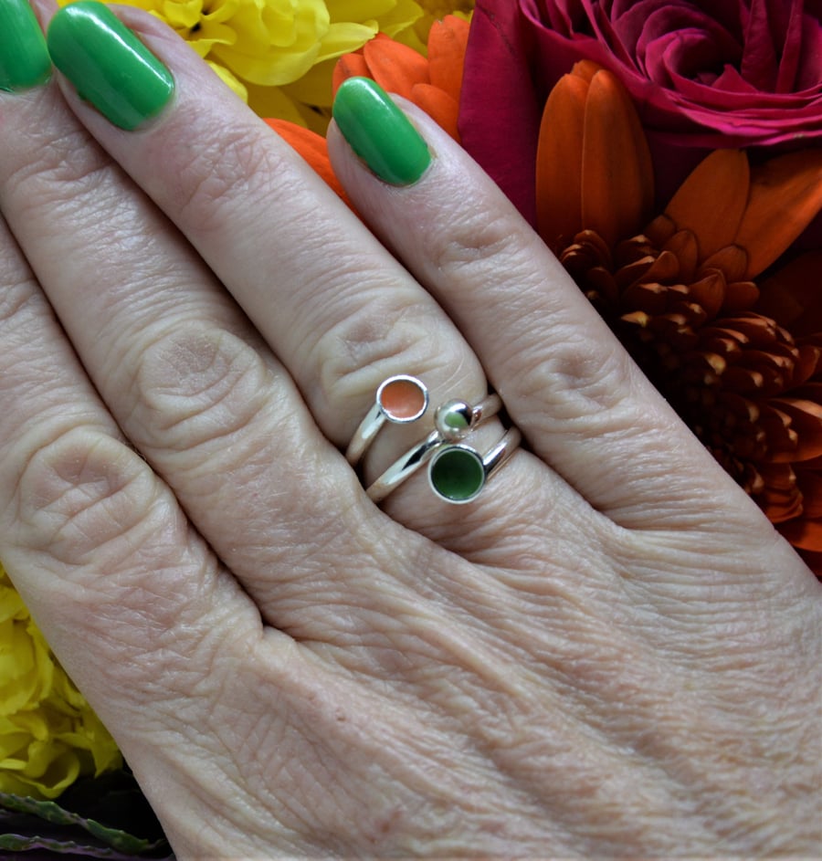 Sterling silver and green and orange adjustable enamel ring