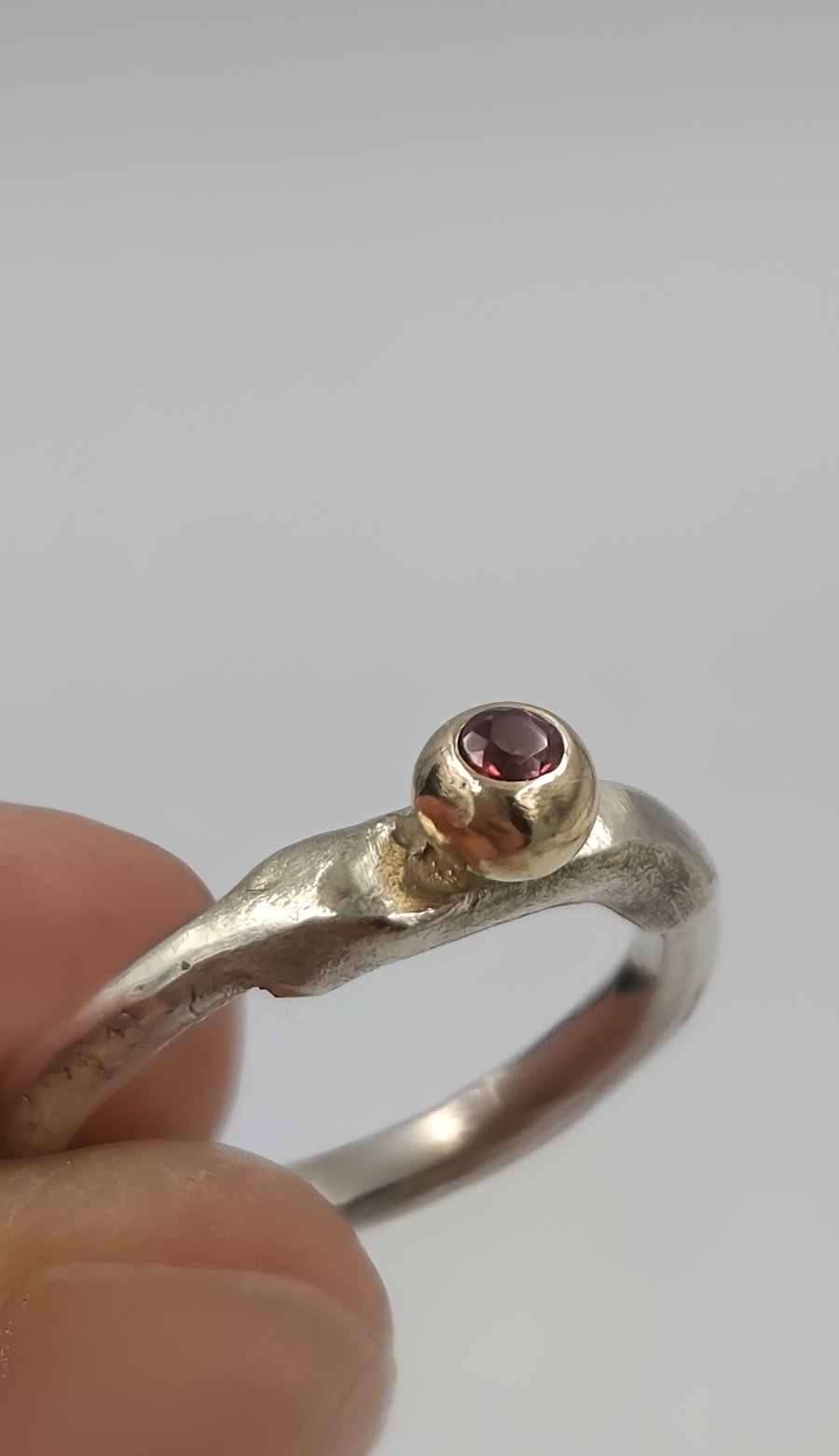 Molten Silver Pinky Ring with Gold Granule and Garnet